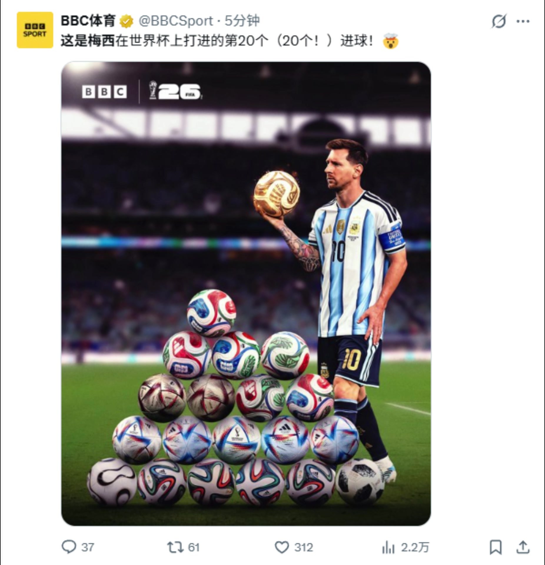 帅啊❤️！BBC体育海报致敬：梅西打入世界杯第20球